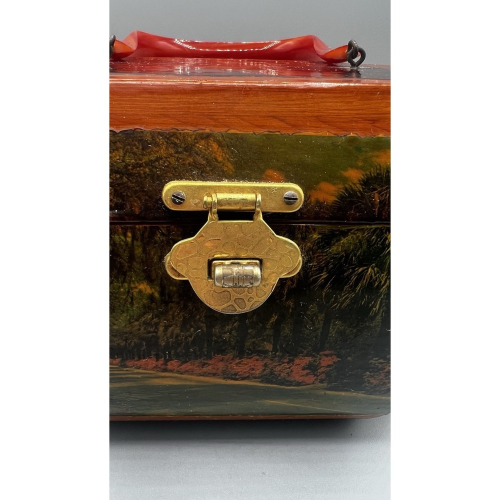 Vtg Wooden Octagon Purse Decoupage Forsyth Park Savannah Lacquered Lucite Handle - Picture 10 of 15